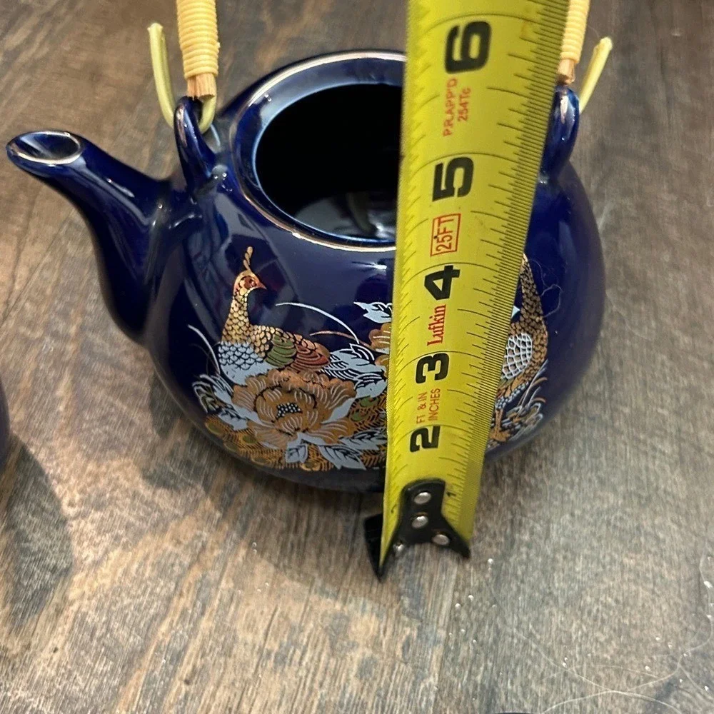 Vintage Blue Asian Porcelain Teapot/Lid Wrapped Handle Gold Pheasant 3 Cups